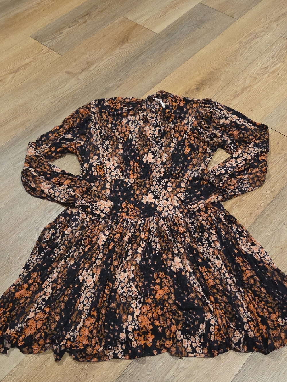 Free People Black Floral Long-Sleeve Tiered Mini Dress